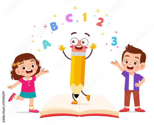 happy cute little kid boy and girl with book and letter