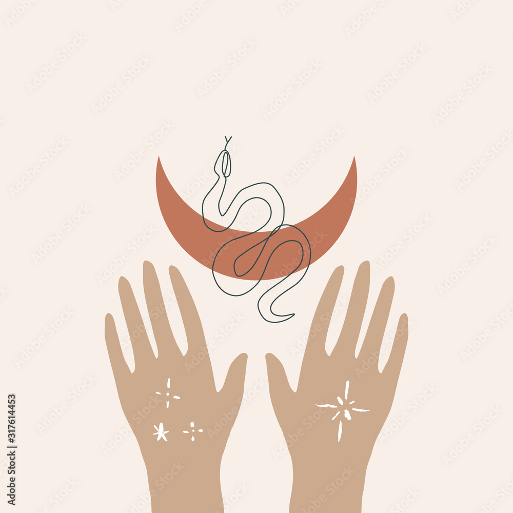 Hands with line art snake and Moon symbol. Alchemy, boho and witchcraft concept. Sacred geometry. Vector illustration. Clipart Hands with line art snake and Moon symbol. Alchemy, boho and witchcraft concept. Sacred geometry. Vector illustration. Clipart