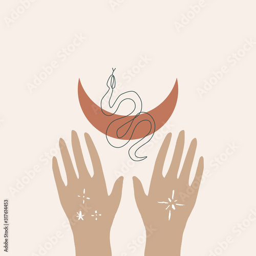 Hands with line art snake and Moon symbol. Alchemy, boho and witchcraft concept. Sacred geometry. Vector illustration. Clipart