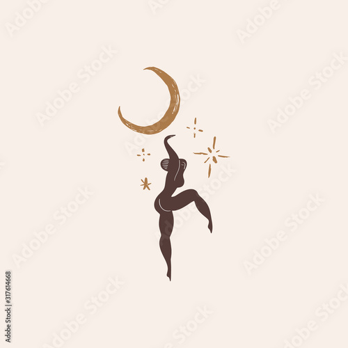 Silhouette of beautiful young dancind witch silhouette with Moon and stars. Woman power, feminism print. Girl freedom concept. Vector illustration. Clipart