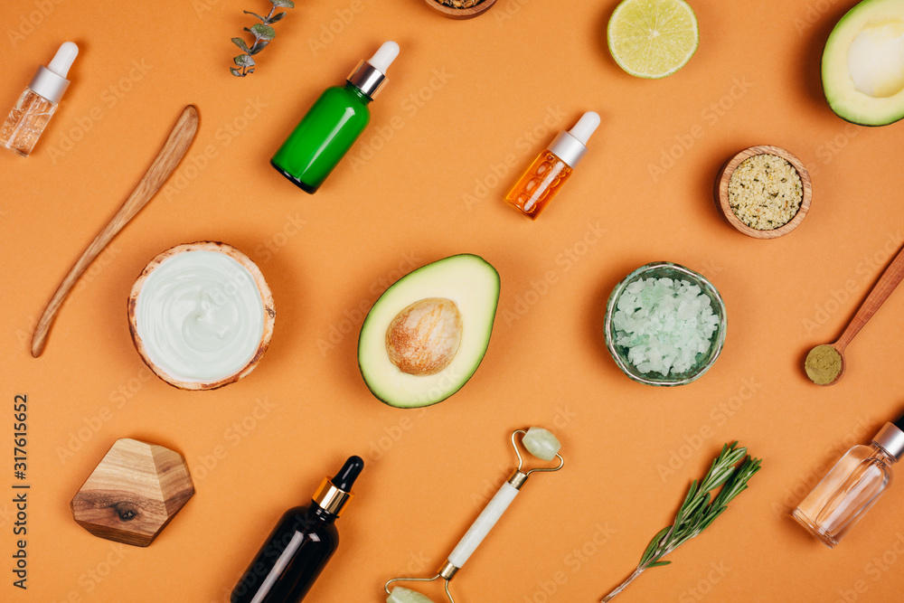 Modern accessories and herbal cosmetics for natural face care. Flat lay style. Modern accessories and herbal cosmetics for natural face care. Flat lay style.