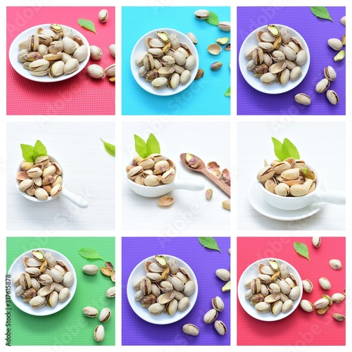 Collage of pistachios with colorful backgrounds