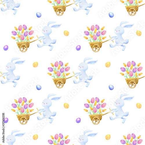 Easter seamless patterns with hand drawn cute bunnies and colored eggs. Watercolor colorful background