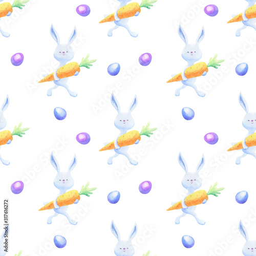 Easter seamless patterns with hand drawn cute bunnies and colored eggs. Watercolor colorful background