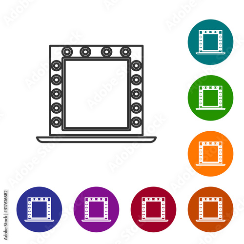 Grey line Makeup mirror with lights icon isolated on white background. Set icons in color circle buttons. Vector Illustration