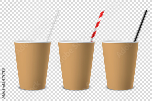 Vector 3d Realistic Brown Disposable Opened Blank Paper, Plastic Coffee, Tea Cup for Drinks with Straw Icon Set Closeup Isolated on Transparent Background. Design Template, Mockup. Top and Front View