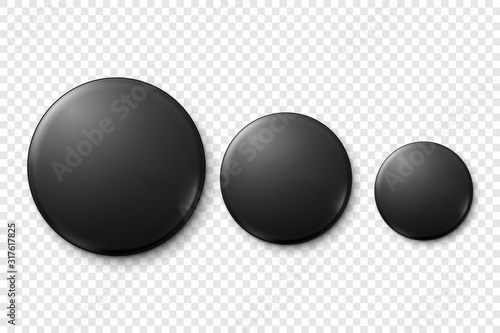 Vector 3d Realistic Black Metal or Plastic Blank Button Badge Icon Set Closeup Isolated on Transparent Background. Top View. Template for Branding Identity, Graphic Presentations. Mock-up