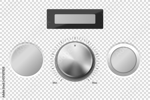 Vector 3d Realistic Blank Steel, Chrome, Silver Metal Control Button Icon Set Closeup Isolated on Transparent Background. Design Template for Graphics