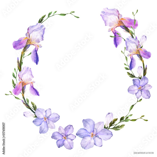 Decorative watercolor wreath with iris and freesia flowers on a white background