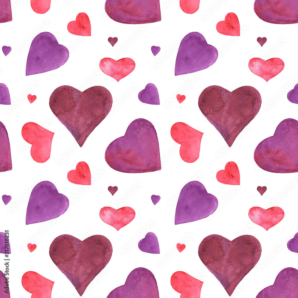 Romantic watercolor seamless pattern with violet hearts