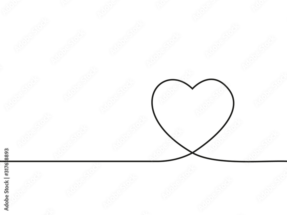 Valentines background with love heart one line drawing. Vector illustration.