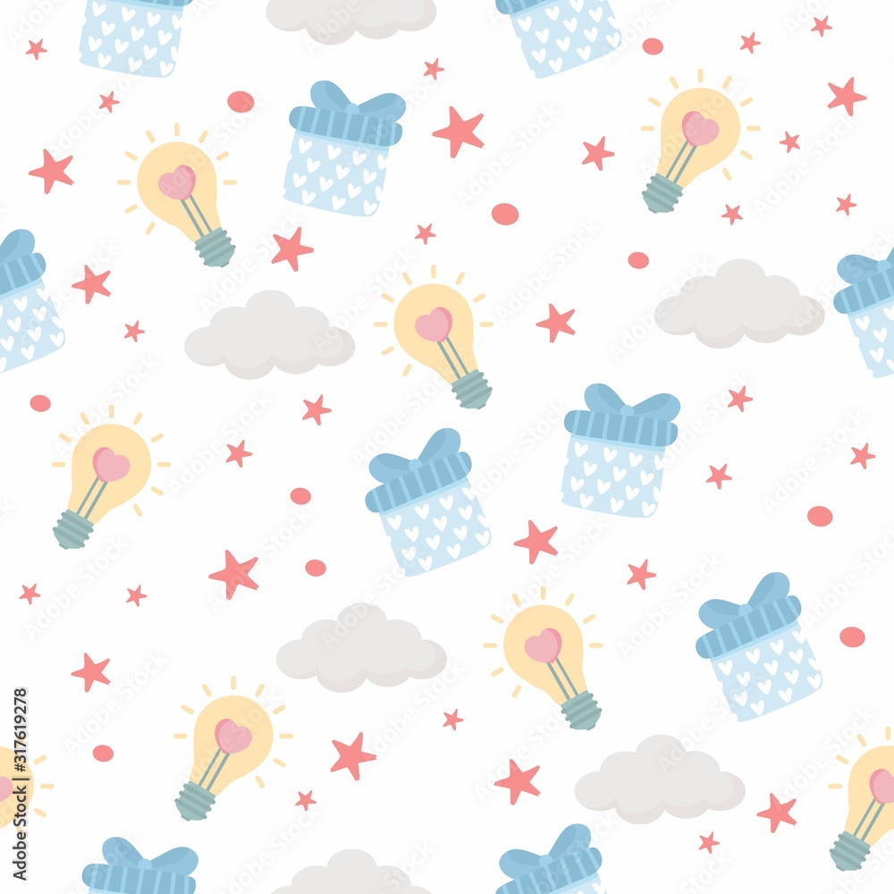 Seamless pattern for Valentine's Day. Bright illustration with gift box, clouds, stars. Background for fabric print, texture and wrapping paper. Seamless pattern for Valentine's Day. Bright illustration with gift box, clouds, stars. Background for fabric print, texture and wrapping paper.