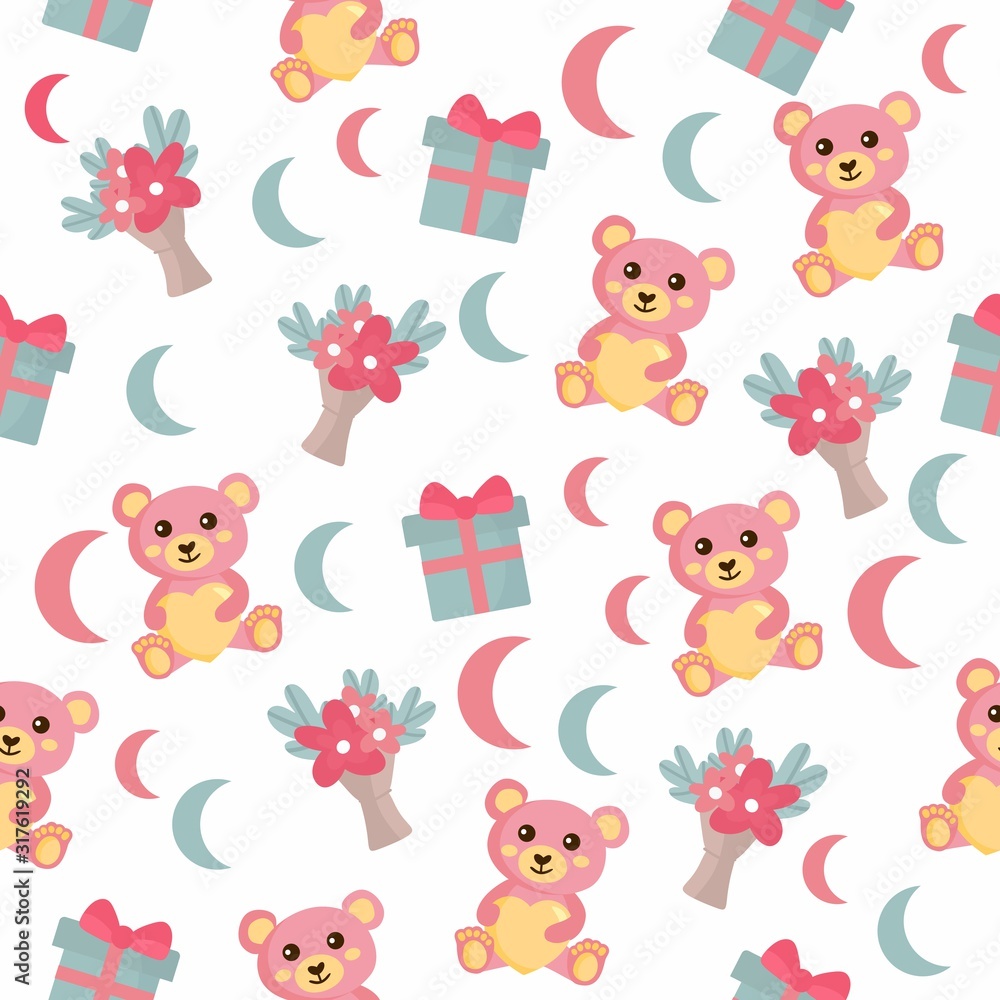Seamless pattern for Valentine's Day. Bright illustration with teddy bear, gift box, flower bouquet. Background for fabric print, texture and wrapping paper.