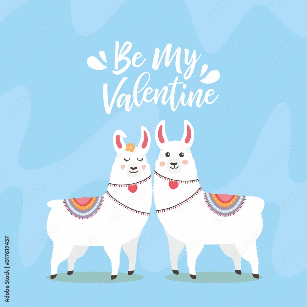 Greeting card with two lovely lamas. Be My Valentine. Valentines day illustration. Lama in cartoon style. Lovely card with cute Llamas. Greeting card with two lovely lamas. Be My Valentine. Valentines day illustration. Lama in cartoon style. Lovely card with cute Llamas.