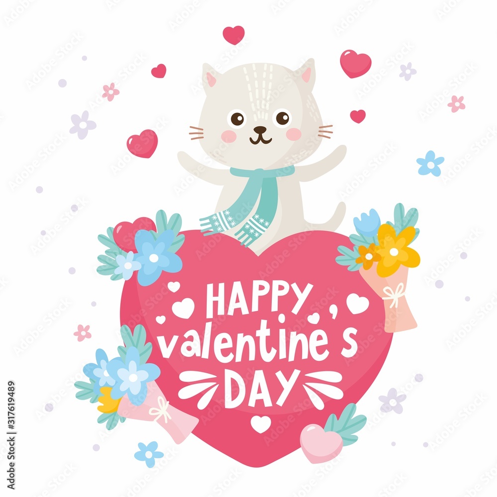 Valentine's Day greeting card. Cute illustration with sweet cat, big heart with lettering and love theme elements.