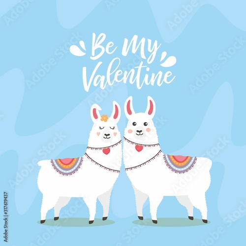 Greeting card with two lovely lamas. Be My Valentine. Valentines day illustration. Lama in cartoon style. Lovely card with cute Llamas.