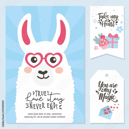 Valentine's Day set with cute lama. Romantic poster, label, tag. Hand-lettering messages. Template for invitation, banner, Valentine s Day poster.