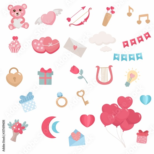 Valentines day set. Romantic concept illustration. Heart balloons, flowers, gift, teddy bear. Save the Date.