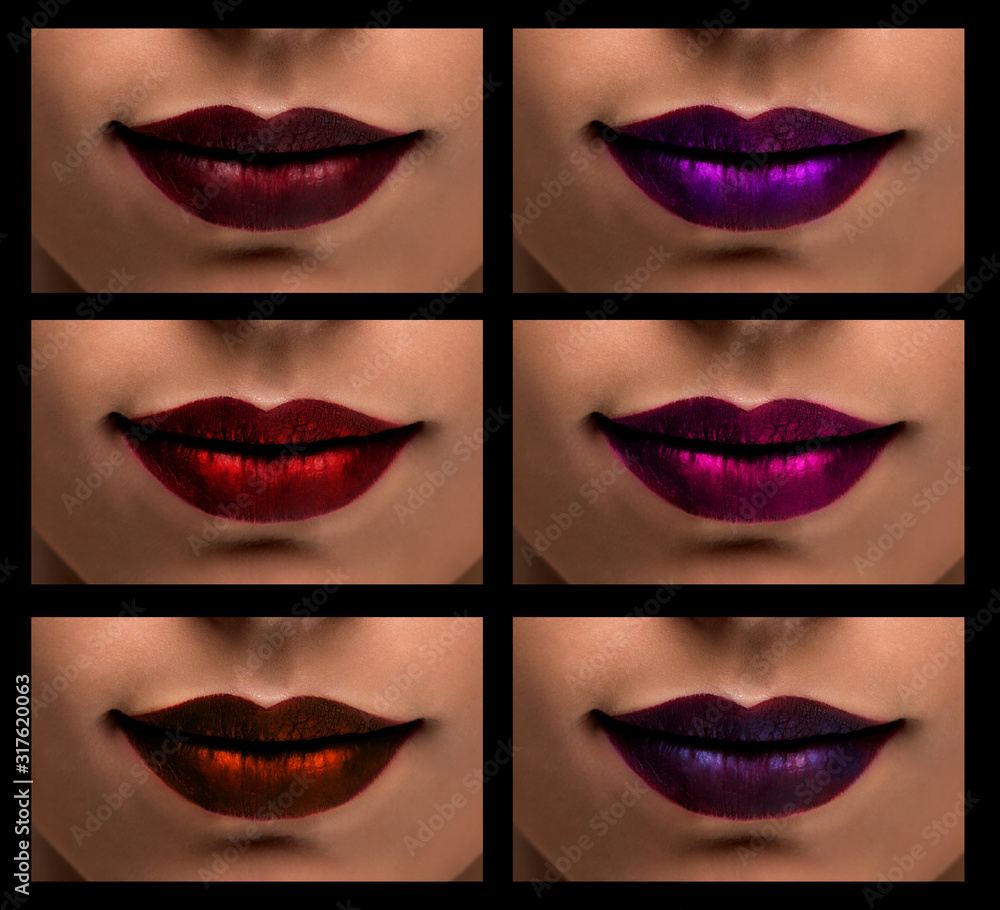 Fototapeta premium Set of different coloreful lip make-up. Dark red and violet lipstick colors pallet with metallic effect.