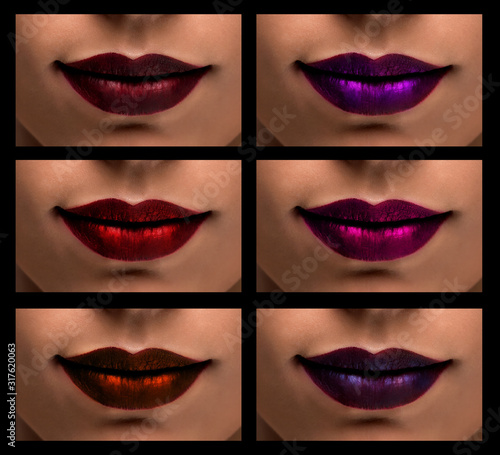 Set of different coloreful lip make-up. Dark red and violet lipstick colors pallet with metallic effect.