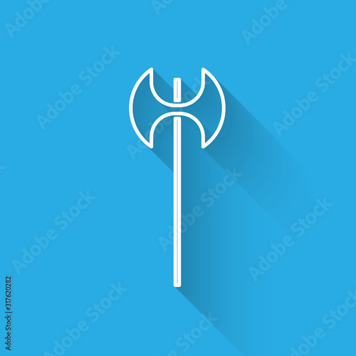 White line Medieval axe icon isolated with long shadow. Battle axe, executioner axe. Medieval weapon. Vector Illustration