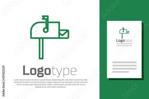 Green line Open mail box icon isolated on white background. Mailbox icon. Mail postbox on pole with flag. Logo design template element. Vector Illustration