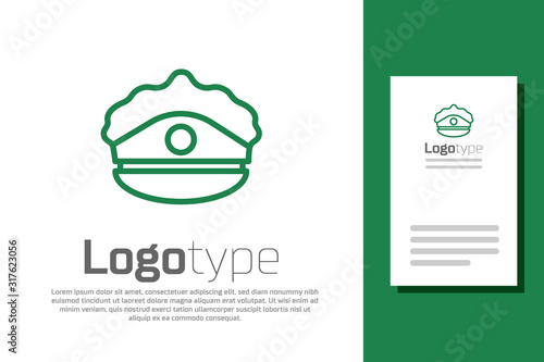 Green line Police cap with cockade icon isolated on white background. Police hat sign. Logo design template element. Vector Illustration