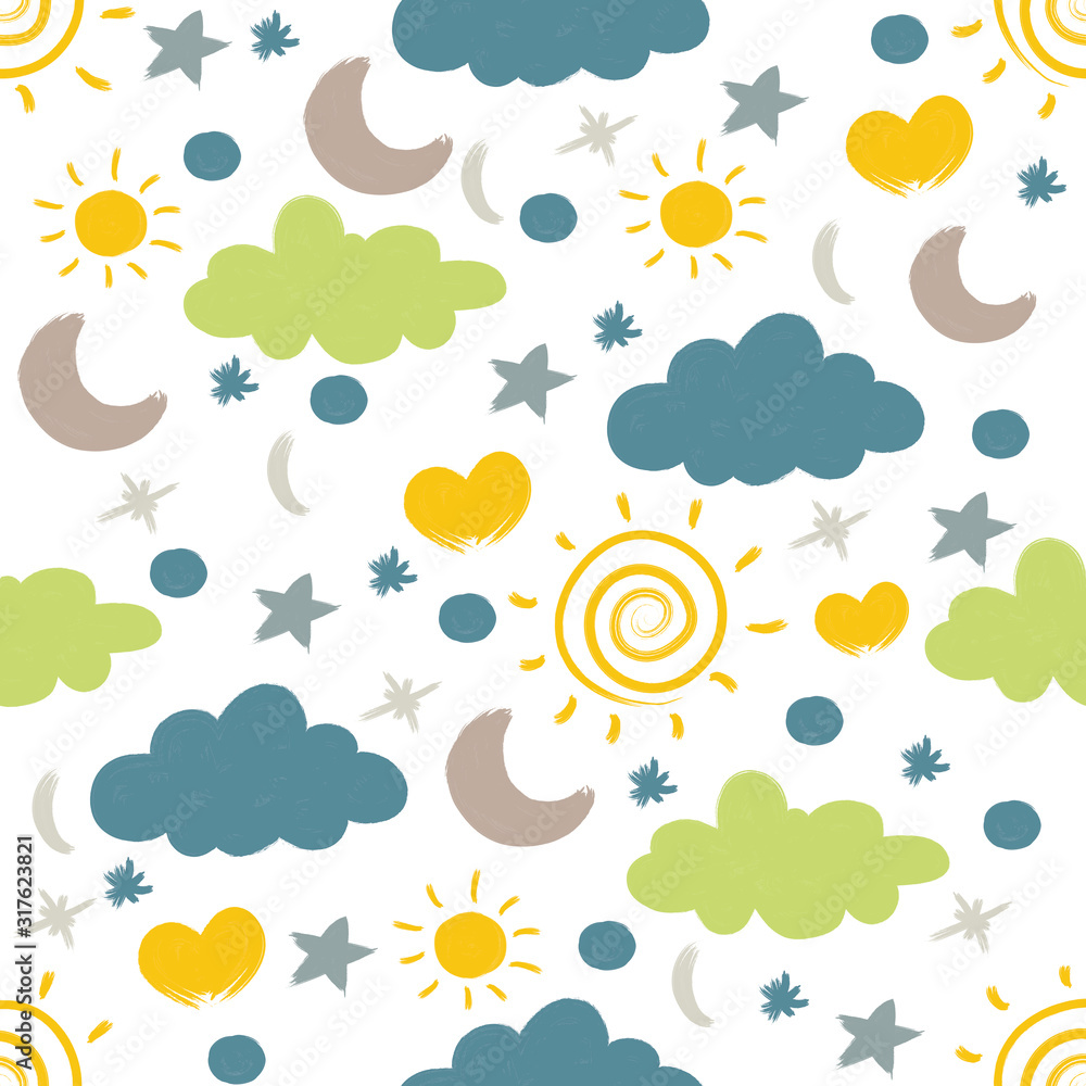 Cute sky pattern. Seamless pattern design, Baby illustration.