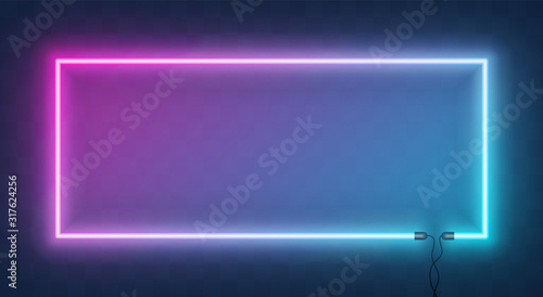 Neon horizontal rectangle frame, border with wire. Neon lights sign. Vector abstract background, tunnel, portal. Geometric glow outline rectangular shape, laser glowing lines. Abstract background