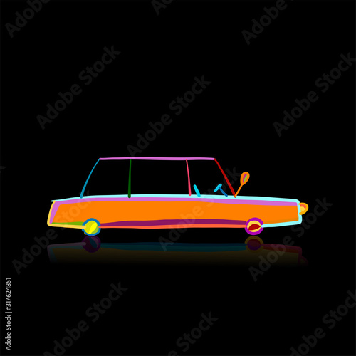 Retro car, isolated on black. Sketch for your design