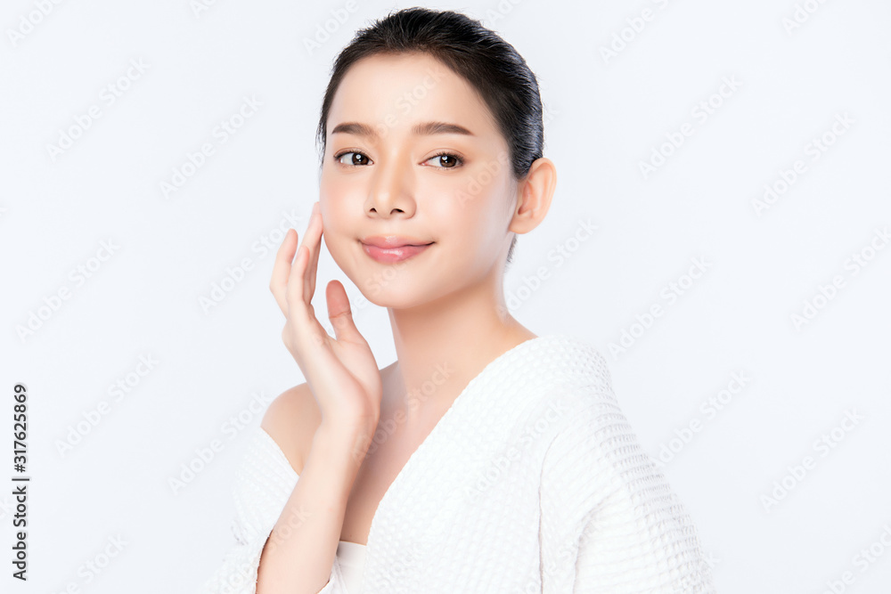 Portrait beautiful young asian woman clean fresh bare skin concept. Asian girl beauty face skincare and health wellness, Facial treatment, Perfect skin, Natural make up, on white background,two Portrait beautiful young asian woman clean fresh bare skin concept. Asian girl beauty face skincare and health wellness, Facial treatment, Perfect skin, Natural make up, on white background,two