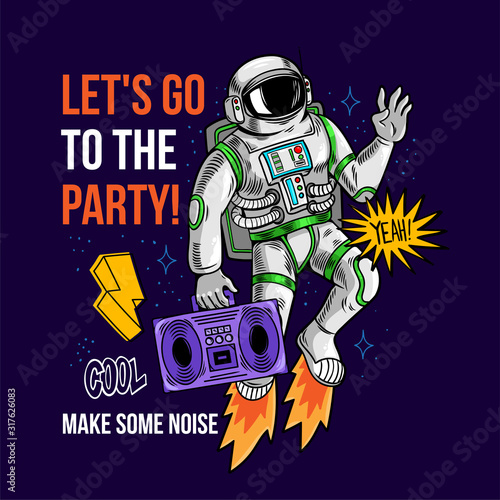 astronaut spaceman with boombox between stars