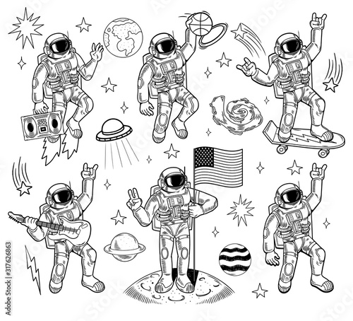 engraving collection with different astronauts