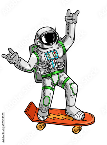 astronaut spaceman ride on skateboard