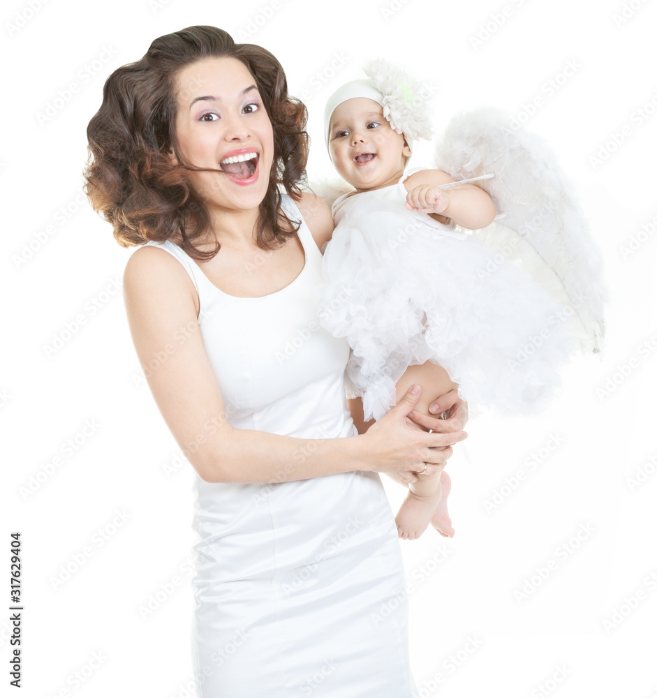 The happiness of motherhood. Mom laughs with her daughter, a little white angel with wings, isolated at white background