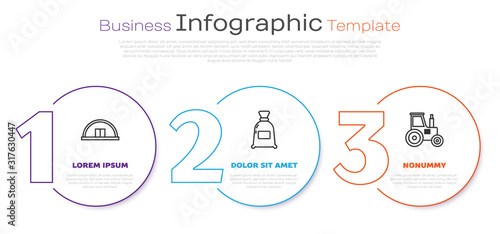 Set line Hangar, Bag of flour and Tractor. Business infographic template. Vector