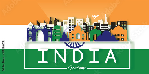 Travel India postcard, poster, tour advertising of world famous landmarks in paper cut style. Vectors illustrations