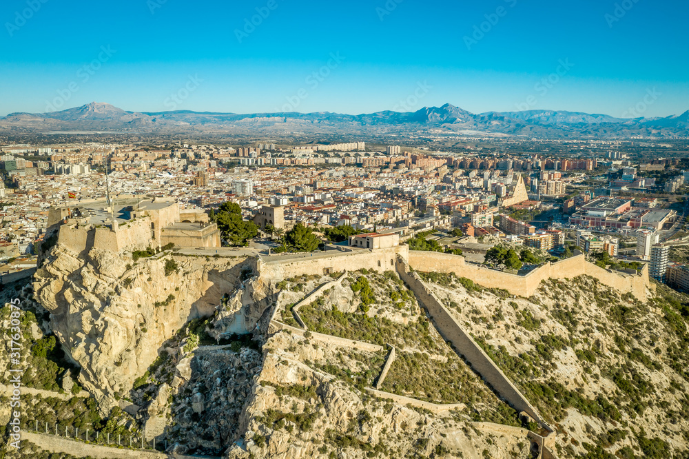 Aerial view of Santa Barbara castle ancient fortress with panoramic views in Alicante Spain
