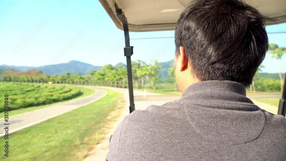 4K Rear view of young Asian man driving golf cart around the park in sunny summer day. 4K Rear view of young Asian man driving golf cart around the park in sunny summer day.