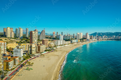 Aerial view of the popular Spanish Mediterranean beach resort town Benidorm with high rise complexes   © tamas