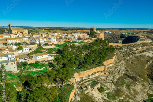 Aerial view of Alarcon castle, parador and fortifications along the Jucar river in Cuenca province Spain