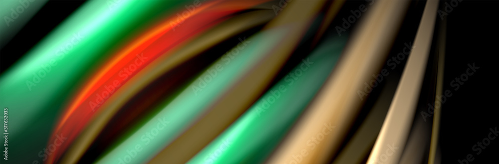 Silk and smooth flow wave poster design. Color waves, liquid style lines and shapes in black color background Silk and smooth flow wave poster design. Color waves, liquid style lines and shapes in black color background