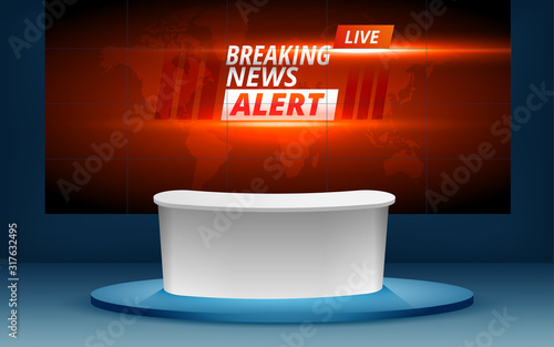 breaking news alert on the lcd tv in the news studio	