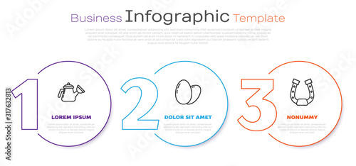 Set line Watering can, Chicken egg and Horseshoe. Business infographic template. Vector