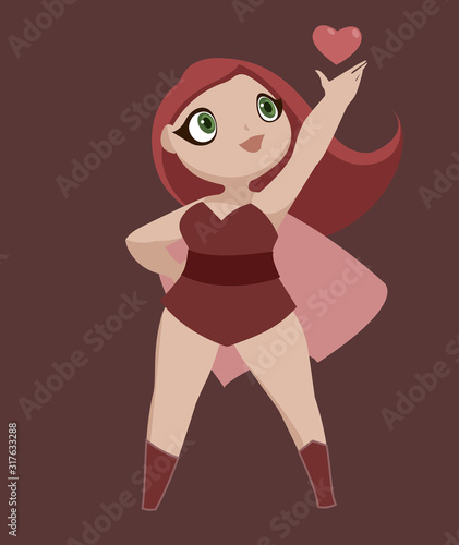 Bright and colorful cartoon comic art illustration of funny and cute athletic super lady in a cool costume holding a heart symbol