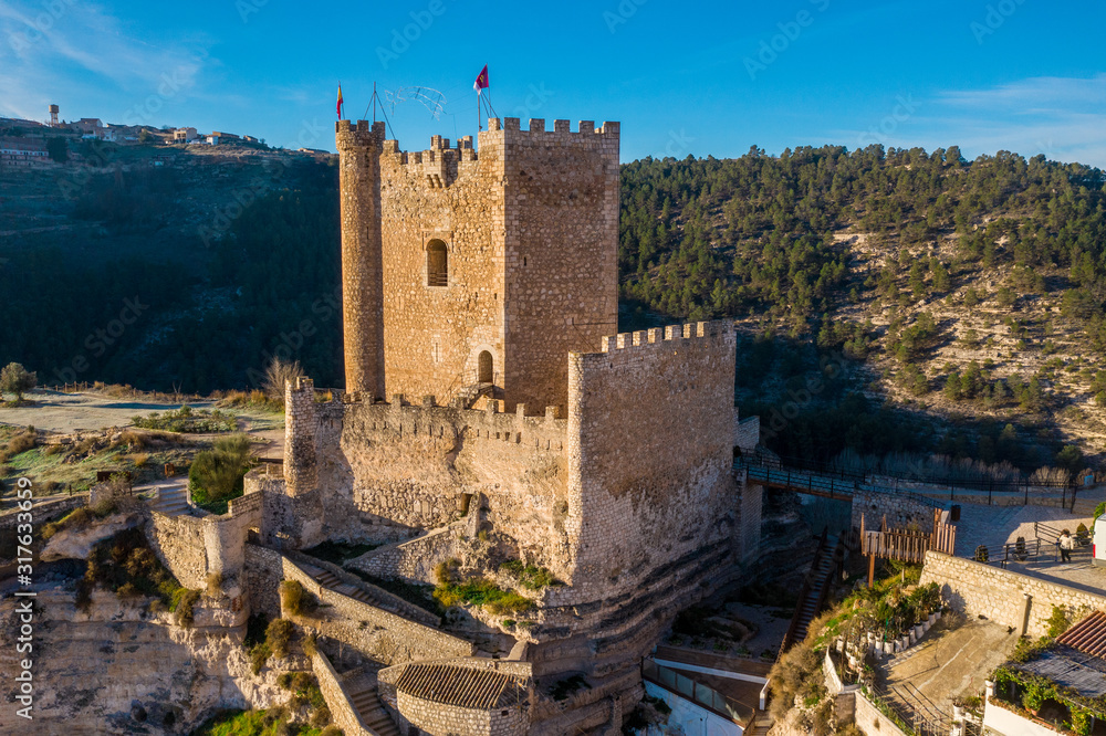 Aerial panorama of Alcala del Jucar medieval castle in Albacete province Spain Aerial panorama of Alcala del Jucar medieval castle in Albacete province Spain