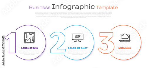 Set line Processor, Monitor display with 5k video and Cloud technology data transfer and storage. Business infographic template. Vector