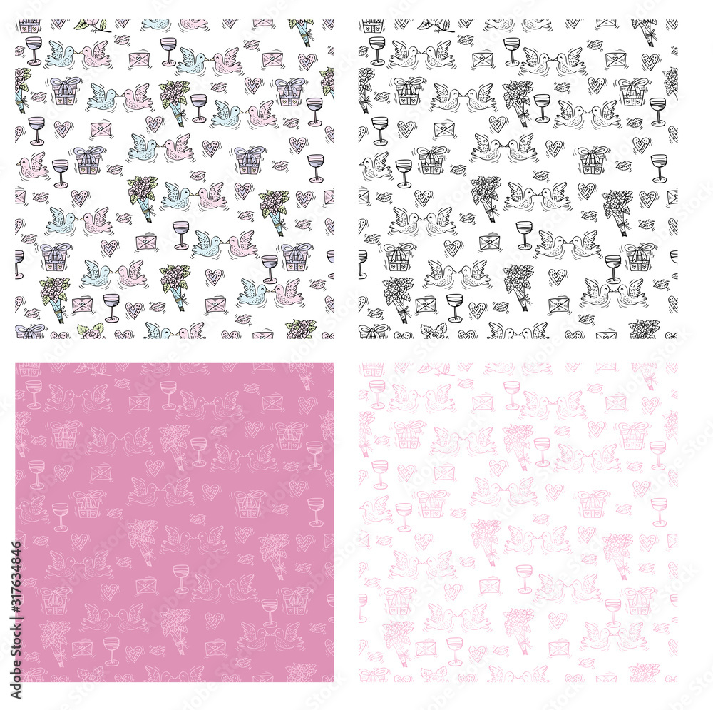 Set of doodle seamless pattern valentine