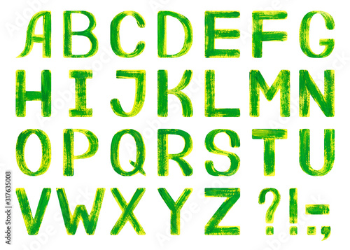 Latin alphabet with green letters. Hand-painted illustration. English alphabet. Isolated on white background. Yellow-green textured font. Eco, spring, summer font. Gouache, oil or acrylic technique.
