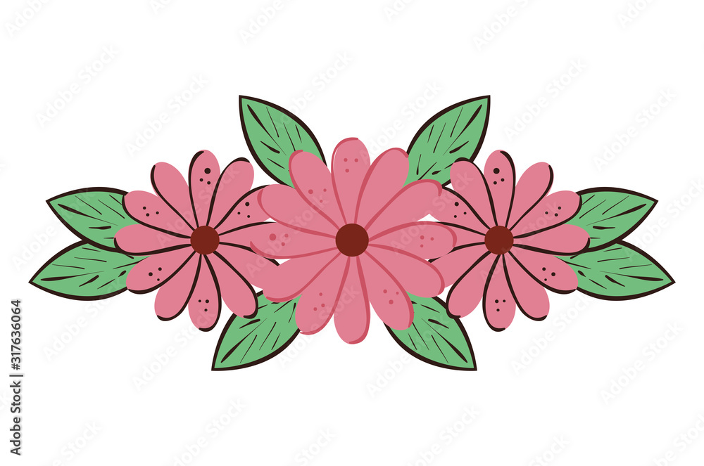 cute flowers natural with leafs isolated icon cute flowers natural with leafs isolated icon